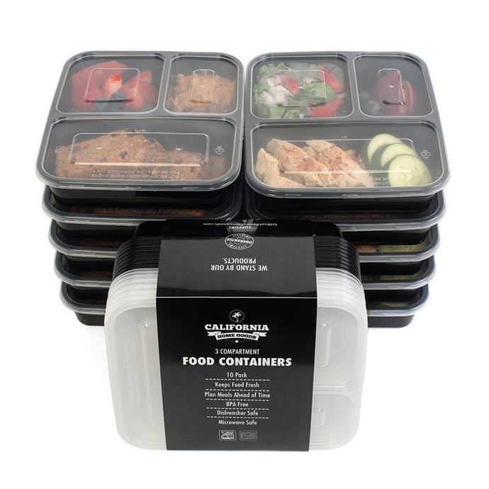 3 Compartment Reusable Plastic Food Storage Containers with Lids,  Set of 5