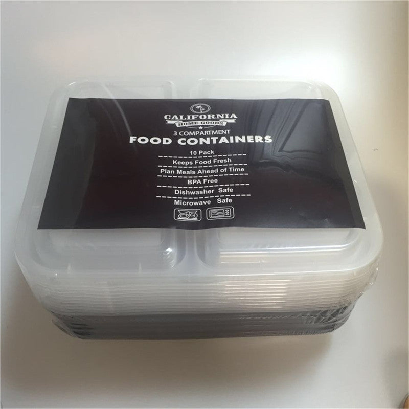 3 Compartment Reusable Plastic Food Storage Containers with Lids,  Set of 5